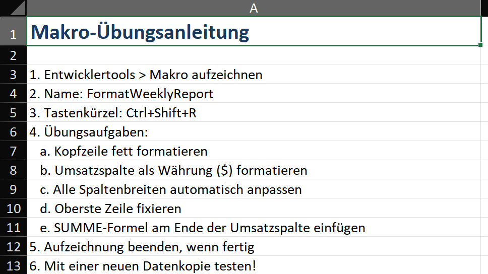 Excel-Fenster während der Makroaufzeichnung: Die Statusleiste zeigt eine kleine quadratische Stopp-Schaltfläche und den Text 'Aufzeichnung'. Das Arbeitsblatt zeigt den Rohbericht halb formatiert — Überschriften sind jetzt fett, die Umsatzspalte zeigt die Währungsformatierung in Bearbeitung. Rote Kreis-Aufzeichnungsanzeige in der unteren linken Ecke.