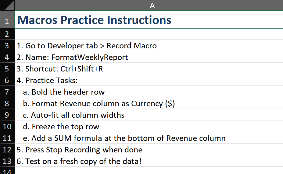 Excel window during macro recording: The status bar shows a small square stop button and text 'Recording'. The worksheet shows the raw report halfway through formatting — headers are now bold, revenue column shows currency format in progress. Red circle recording indicator in the bottom-left corner.