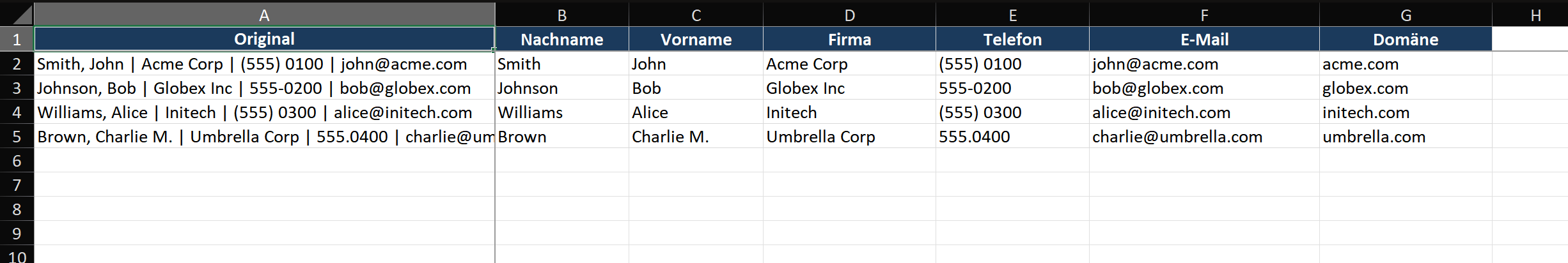 Visuelle Anleitung zu Excel-Textfunktionen: LINKS extrahiert die ersten N Zeichen von links, RECHTS extrahiert die letzten N von rechts, TEIL extrahiert aus einer mittleren Position. FINDEN/SUCHEN lokalisiert Zeichenpositionen. GLÄTTEN entfernt überflüssige Leerzeichen. TEXTVERKETTEN kombiniert mit Trennzeichen. Jede Funktion zeigt Eingabetext und Ausgabeergebnis in einem visuellen Flussdiagramm.
