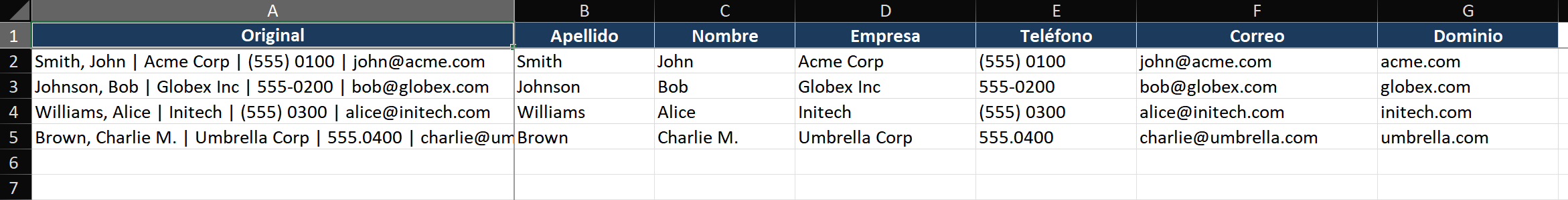 Guía visual de funciones de texto de Excel: IZQUIERDA extrae los primeros N caracteres desde la izquierda, DERECHA extrae los últimos N desde la derecha, EXTRAE extrae desde una posición media. ENCONTRAR/HALLAR localiza posiciones de caracteres. ESPACIOS elimina espacios adicionales. UNIRCADENAS combina con delimitadores. Cada función se muestra con texto de entrada y resultado de salida en un diagrama de flujo visual.