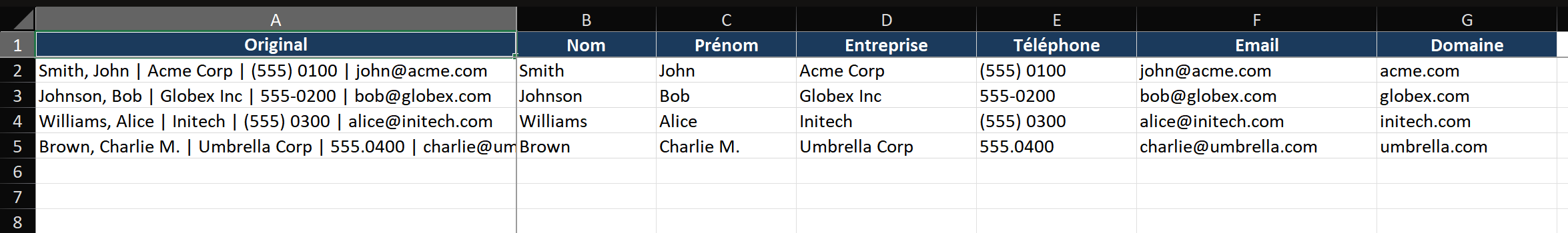 Feuille Excel montrant les formules de fractionnement de noms en action. Colonne A : données d'origine 'Smith, John | Acme Corp | 555-0100 | john@acme.com'. Colonne B : formule =GAUCHE(B2;TROUVE(',';B2)-1) renvoie 'Smith'. Colonne C : formule =SUPPRESPACE(DROITE(B2;NBCAR(B2)-TROUVE(',';B2)-1)) renvoie 'John'. Barre de formule visible avec la formule active en surbrillance.