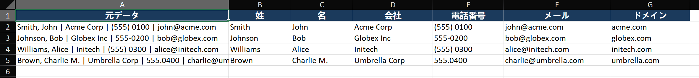 Excel worksheet showing name splitting formulas in action. Column A: original data 'Smith, John | Acme Corp | 555-0100 | john@acme.com'. Column B: formula =LEFT(B2,FIND(',',B2)-1) returns 'Smith'. Column C: formula =TRIM(RIGHT(B2,LEN(B2)-FIND(',',B2)-1)) returns 'John'. Formula bar visible with the active formula highlighted.
